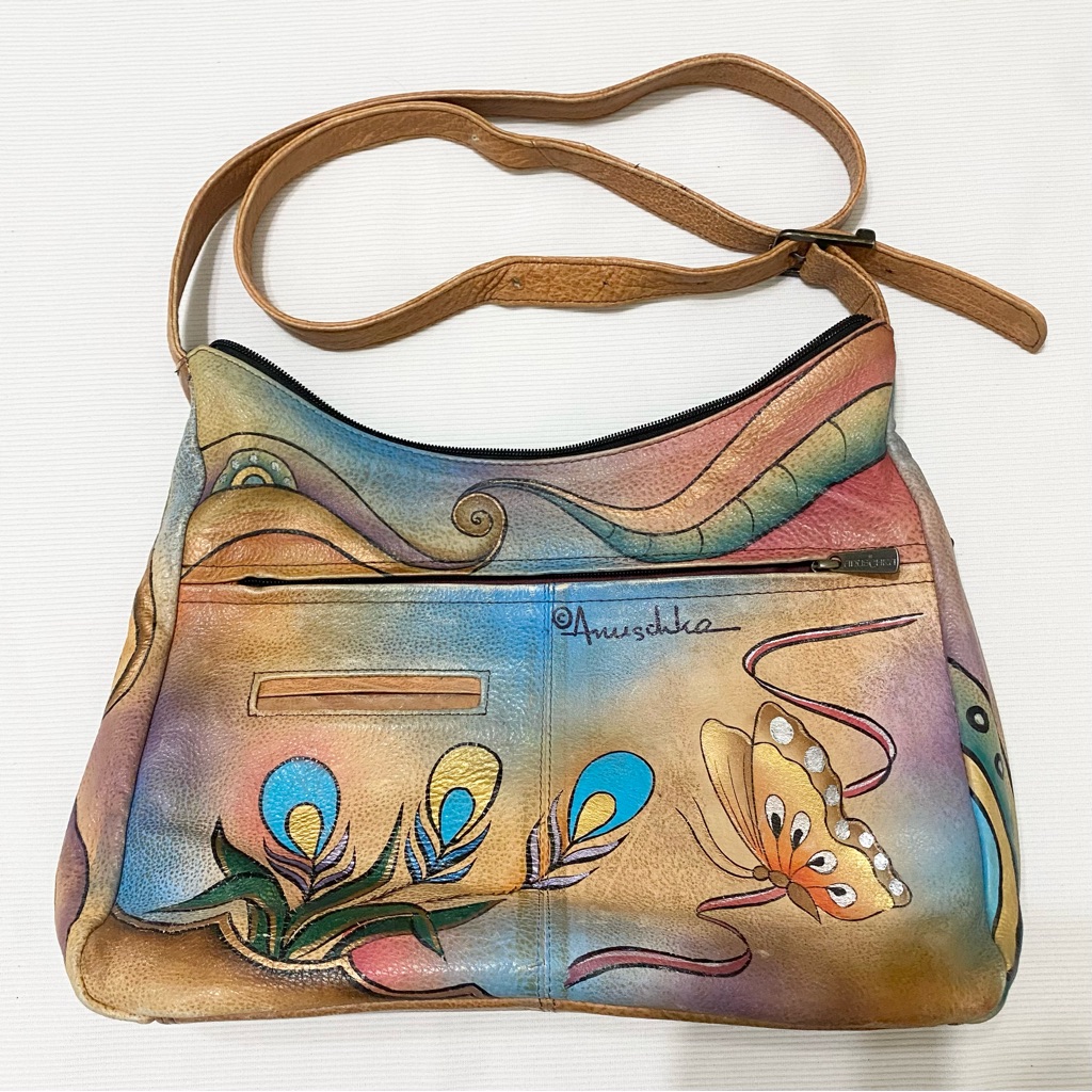 Anuschka Peacock Butterfly Hand Painted Leather Boho Crossbody Bag Purse